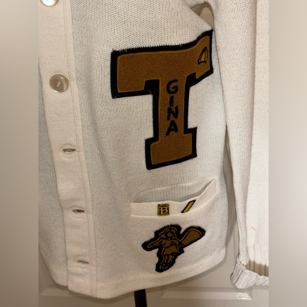 1960s Vtg High School Kitted White Gold Gina T Letterman Medium Cardigan​ - Picture 2 of 9